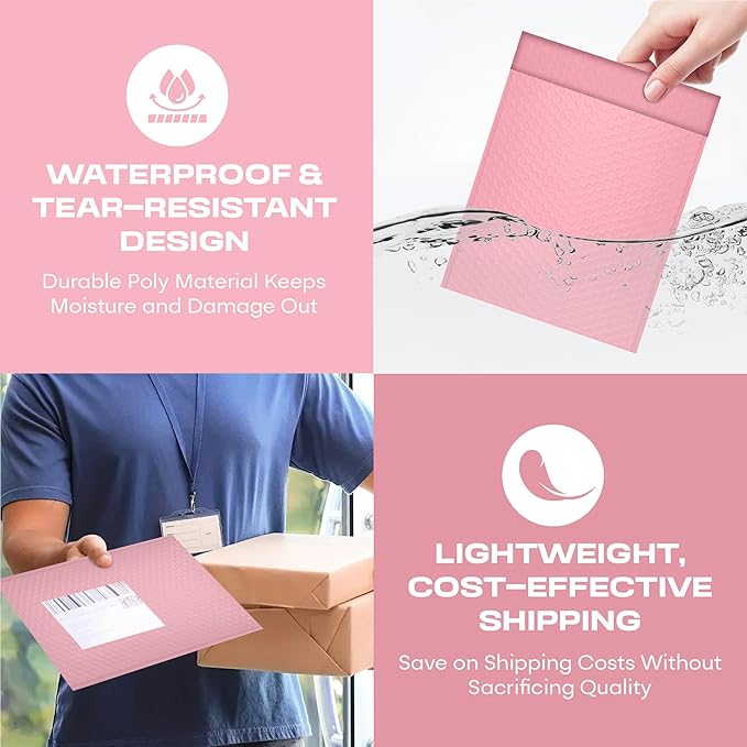 Light Pink Small Bubble Mailers 4x8 Inch #000 | Thick Padded Poly Bubble Mailer Envelopes | 500 Pack Bulk | Trading Card Sports Card Shipping