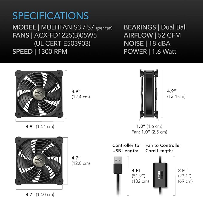 AC Infinity MULTIFAN S7, Quiet Dual 120mm USB Fan, UL-Certified for Receiver DVR PlayStation Xbox Computer Cabinet Cooling
