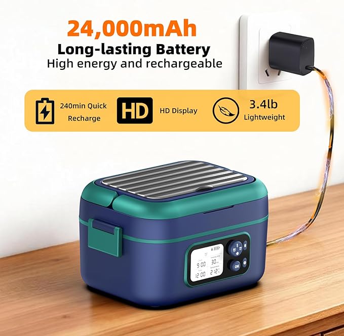 Dravel Cordless Heated Lunch Box for Men, 6.3 Cup 100W Electric Lunch Box Food Warmer with 24000mAh Battery for Self Heating, Including Cutlery, Insulated Bag and Divider for Women Adults(Blue+Green)