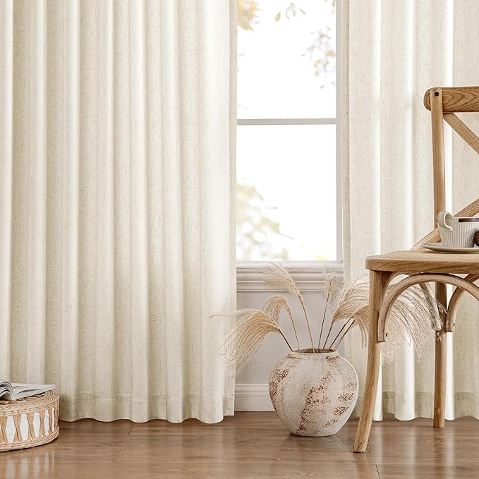 MIULEE Non-See-Through Privacy Linen Curtains 2 Panels, Light Filtering Window Curtains Farnhouse Textured Back Tab Semi Sheer Drapes for Bedroom Living Room, 52 x 63 Inches Long, Ivory