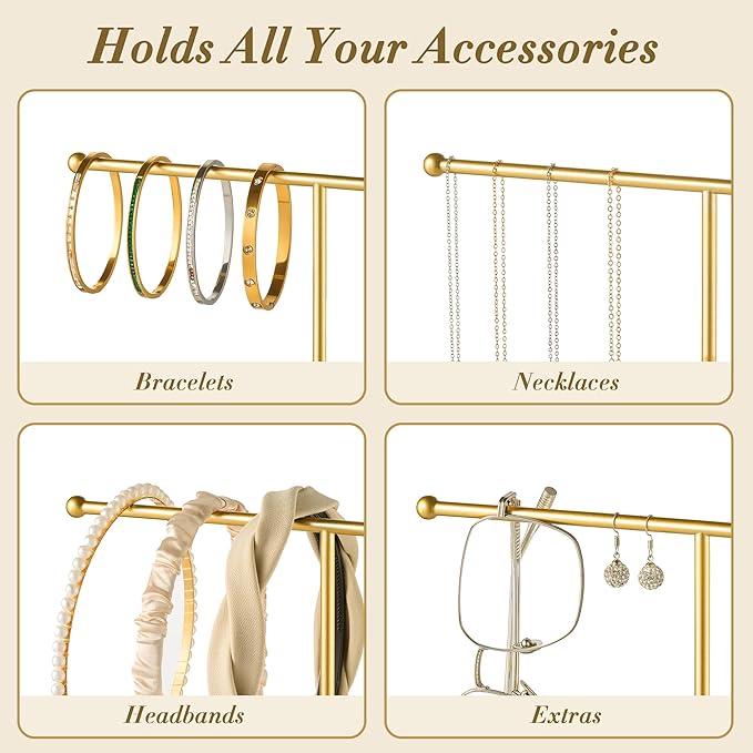 pickpiff Necklace Holder Stand: 2 Tier Jewelry Organizer with Marble Base, Gold Jewelry Tree Display for Bracelets, Rings, Earrings, Gold and Black
