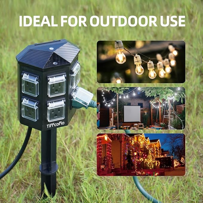 TiFFCOFiO Outdoor Power Strip Weatherproof, 15 FT Extension Cord with Stake, 6 Grounded Outlets for Christmas Yard Decorations and Inflatables, 15A/1875W, ETL Listed