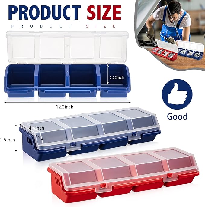 Hushee 6 Pcs Screw Organizer Box with Lid 4 Compartments Tool Bin Divider Plastic Stackable Hardware Organizer Small Part Storage Sorting Screw Box for Garage Workbench Craft Storage (Blue,Red)