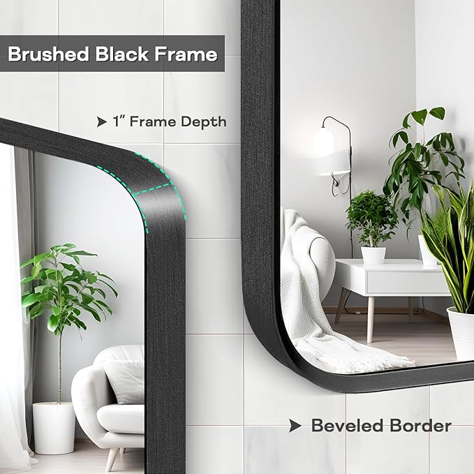 Wall Mount Mirror for Bathroom, Brushed Black Metal Framed Large Rounded Corner Rectangular Vanity Mirror, Anti-Rust, Tempered Glass (30" x 48", Black)