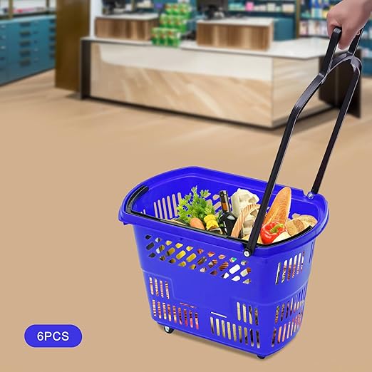 Rolling Shopping Baskets, 6PCS Shopping Carts 35L/9.2gal Plastic Rolling Shopping Basket with Wheels and Handle for Carrying and Storing Clothing Groceries (Blue)