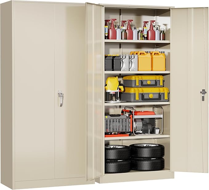 Superday Metal Storage Cabinet with Lock, 72" H Garage Storage Cabinet with Doors and 4 Adjustable Shelves,Putty Steel Locking Cabinets for Office, Home, Garage, Gym, School