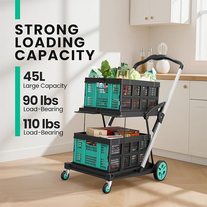 Collapsible Shopping Cart with Wheels, 200 LBS Capacity Grocery Carts with 2 Storage Crate,8-in-1 Grocery Cart on Wheels, Foldable Shopping Carts Platform Hand Truck with Foot Brake, Blue
