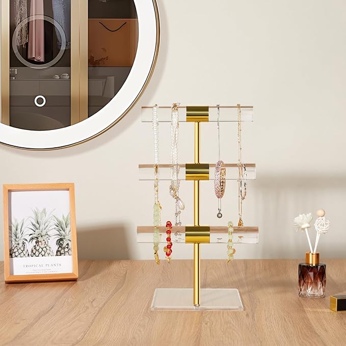 3-Tier Necklace Holder Bracelet Holder, Gold Acrylic Jewelry Display Stand Crystal T Bar Jewelry Organizer Gift for Women