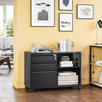 3 Drawer File Cabinet with Lock,Mobile Lateral Filing Cabinet,Metal Printer Stand Storage Cabinets with Shelves for Home Office(Black)