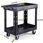 ELAFROS Heavy Duty Plastic Utility Cart 34 x 17 Inch - Work Cart Tub Storage W/Deep Shelves and 2 Fixed 2 Swivel Wheels Safely Holds up to 550 lbs - 2 Tier Service Cart for Warehouse,Garage, Black