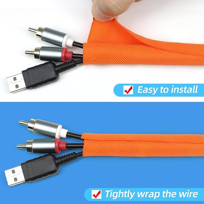 Automotive Wire Loom Tubing, Split Braided Cord Protectors from Pets No Chew, Flexible Cable Sleeve Cable Management for TV/Computer/Electric Wires (Orange, 3/8"-10ft)