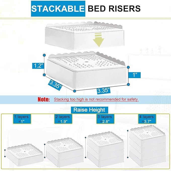 Bed Risers 1 inch, 2 inch, 3 inch, 4 inch Heavy Duty, Adjustable Furniture Riser for Table Desk Couch Sofa Chair Recliner Leg Frame Dorm, Stackable Bed Raisers Blocks (White 4 Pack, 1 inch)