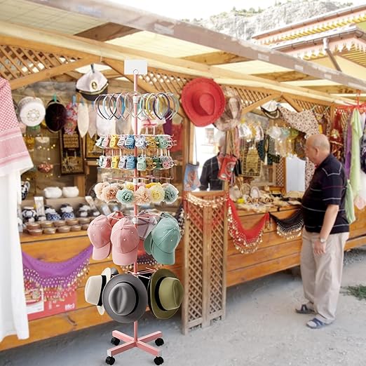 Ripeng 1 Pcs 5‑Tier Retail Display Stand – Rotating Display Rack with Wheels for Jewelry Keychains Socks Hats – Adjustable Movable Shop Spinner for Craft Shows Vendor Events & Stores Accessories, Pink