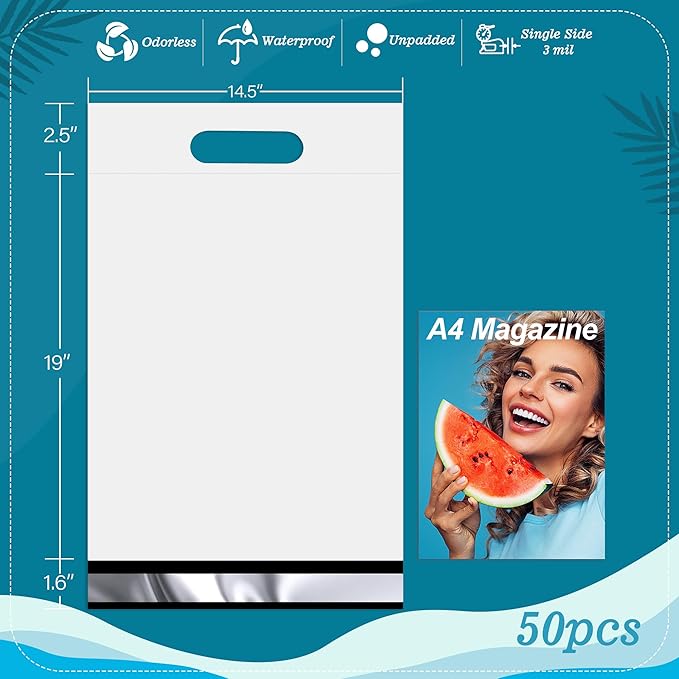 JinRuiKJ Poly Mailers with Handle 14.5x19 Inch 50 Pcs, Easy to Carry Packaging Bags for Small Business, Thank You Shipping Bags with Self Adhesive Strip, Tearproof and Waterproof - White