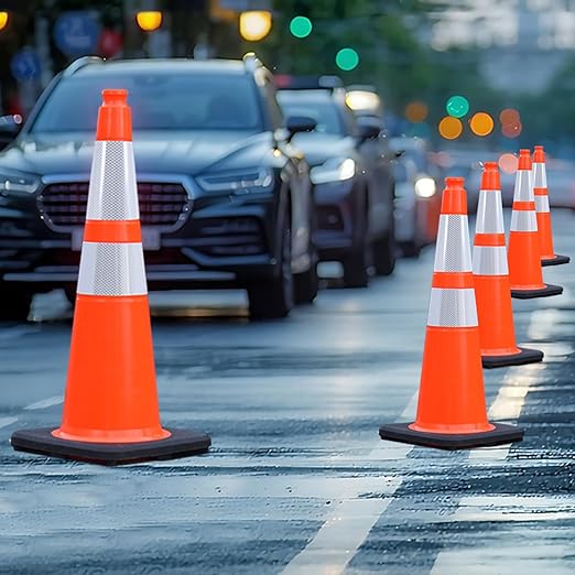 4 Pack 28 Inch Orange PVC Traffic Cones Black Base Stable Flexible, Road Safety Construction Zone Crowd Control Parking Safety Markers (4, Orange, 28 Inch)