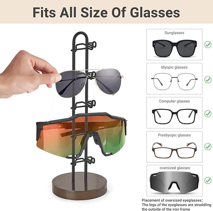 Mkono Sunglasses Organizer Glasses Holder Stand Sunglass Storage Eyeglasses Rack Metal Frame with Wood Base for 5 Pairs of Eyewear Display for Table Desk Countertop Dresser Bedroom, Set of 1, Black