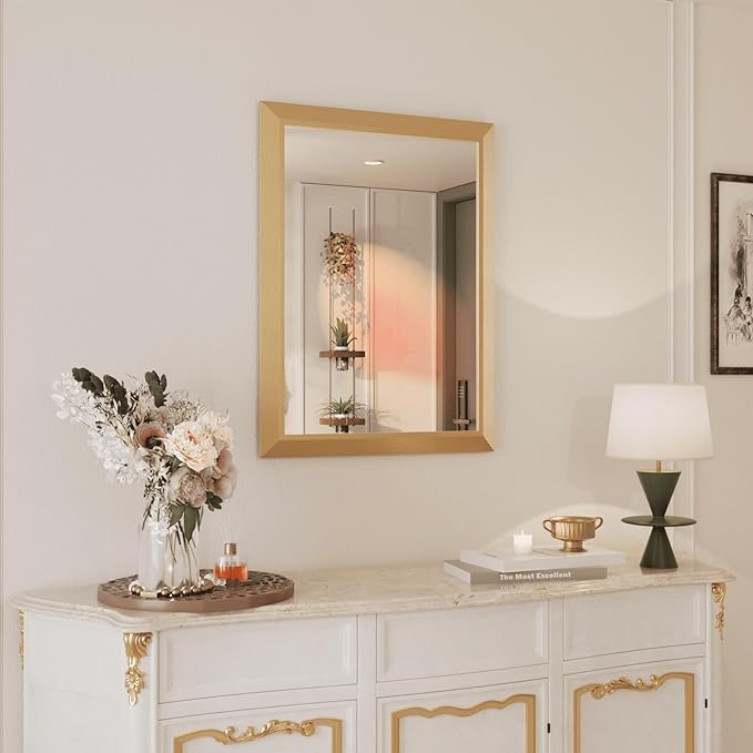 Amorho Bathroom Mirror, 24x32 Inch Gold Thick Metal Framed Wall Mirrors for Over Sink, Wall-Mounted Mirrors Perfect for Bedroom, Living Room, Entryway, Rectangle (Horizontal/Vertical).