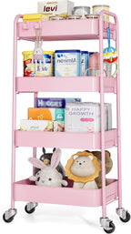 TOOLF 4-Tier Metal Rolling Cart with Wheels, Storage Utility Organizer Cart for Kitchen, Bathroom, Office, Baby Essentials & Makeup - Lockable Casters, Easy Assembly, Large Capacity, Pink