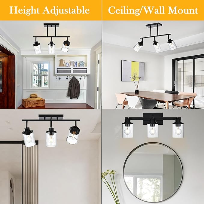 Yaohong 3-Light Kitchen Track Light Fixtures Ceiling Vanity Lights Black, Bathroom Track Lighting Kit with Ajustable Heads, Modern Wall Ceiling Tracking Light for Hallway Shop