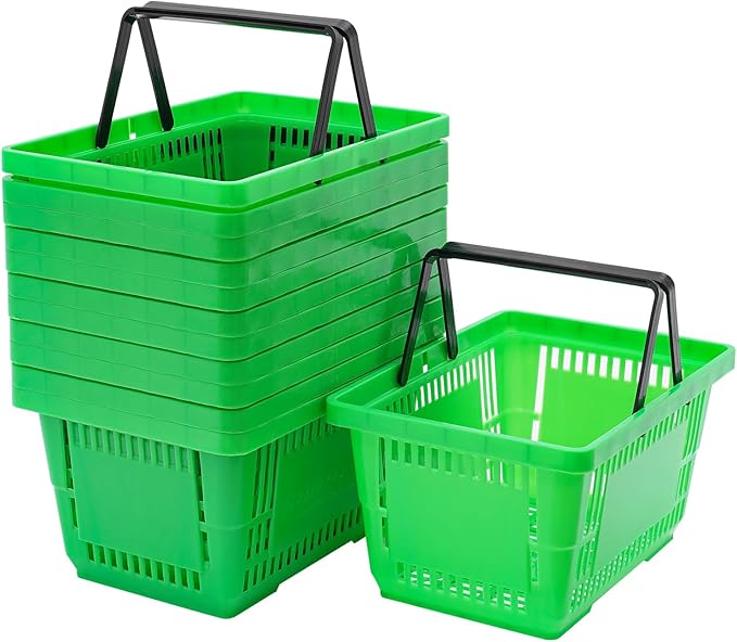 12PCS Green Plastic Shopping Baskets with Handles, Portable Retail Baskets Grocery Basket with Handles,18L Hand Shopping Basket Set for Stores, Supermarket, Retail, Groceries Carrying