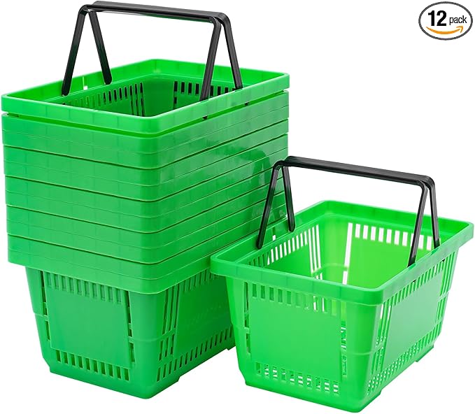 12PCS Shopping Baskets with Handles, Portable Wire Shopping Basket,Open&Stackable Design for Supermarket, Retail, Bookstore (Green)