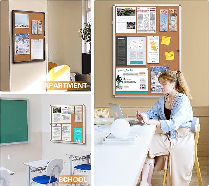 SWANCROWN Enclose Bulletin Board Case Big School Cork Pin Noticeboards Secure Cabinet for Message Guide 38x38inches (12xA4)
