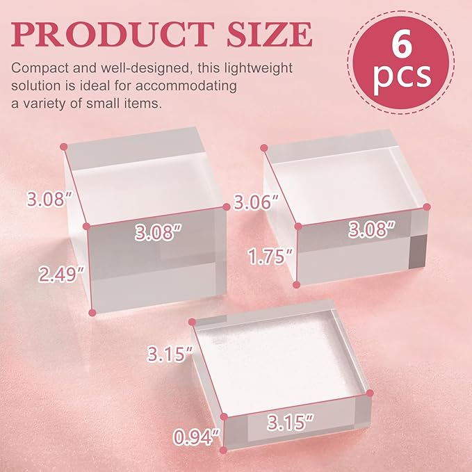 Acrylic Base Stand 6 Pack 3 X 3 Inch Acrylic Blocks for Display Trophy Base Clear Square Cube Riser Display Cylinder Pedestal Stands for Collectibles Jewelry Props Food Display 3 Size