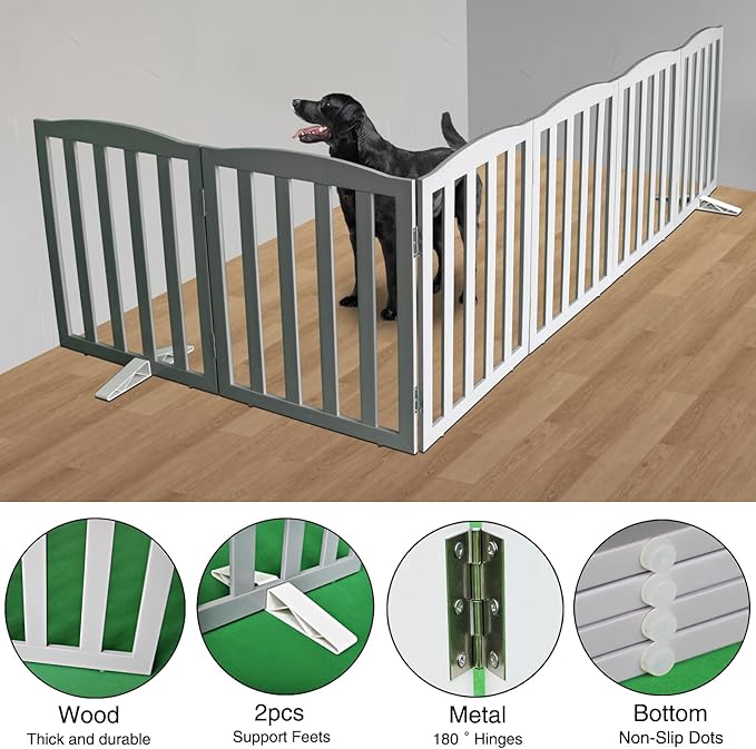 Freestanding Dog Gate Indoor,Doggie Gate Foldable Pet Gates for Doorways,Stairs or Hallways, Wooden Grey Pet Gate for The House, Pet Fence with Support Feet Included,32 "Height-6 Panels