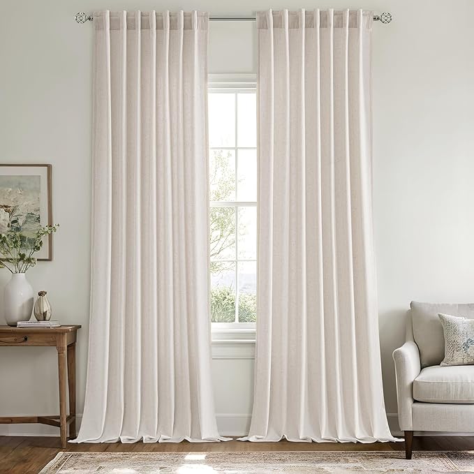 MIULEE Non-See-Through Privacy Linen Curtains 2 Panels, Light Filtering Window Curtains Farnhouse Textured Back Tab Semi Sheer Drapes for Bedroom Living Room, 52 x 108 Inches Long, White