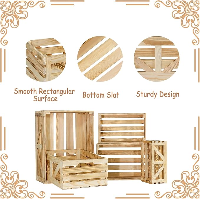 Wooden Crates for Display 5 Pack Wood Storage Crate for Home Rustic Nested Crates with Handles, Farmhouse Wooden Basket for Storage Container and Decorations