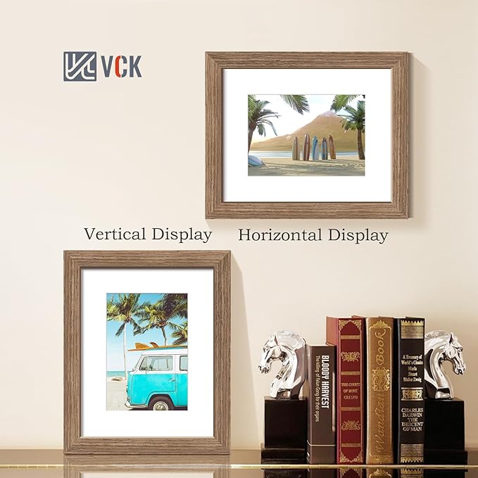 VCK 8x10 Picture Frame 2 Pack - Walnut, High-End Wood Poster Frames with Tempered Glass, Display 5x7 Photo with Mat or 8x10 without Mat, Art Gallery-Quality, Wall Hanging/Tabletop, Walnut