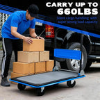 660lbs Large Size Heavy Duty Blue Flatbed Cart, Foldable Steel Platform Dolly with 360° Swivel Wheels, Silent Utility Push Hand Truck for Warehouse & Home