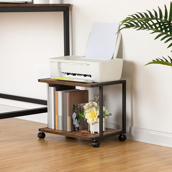 HOOBRO Under Desk Printer Stand, 2-Tier Industrial Printer Cart with Storage Shelf, Mobile Machine Holder Table Stand, for Home and Office, Rustic Brown and Black BF42PS01