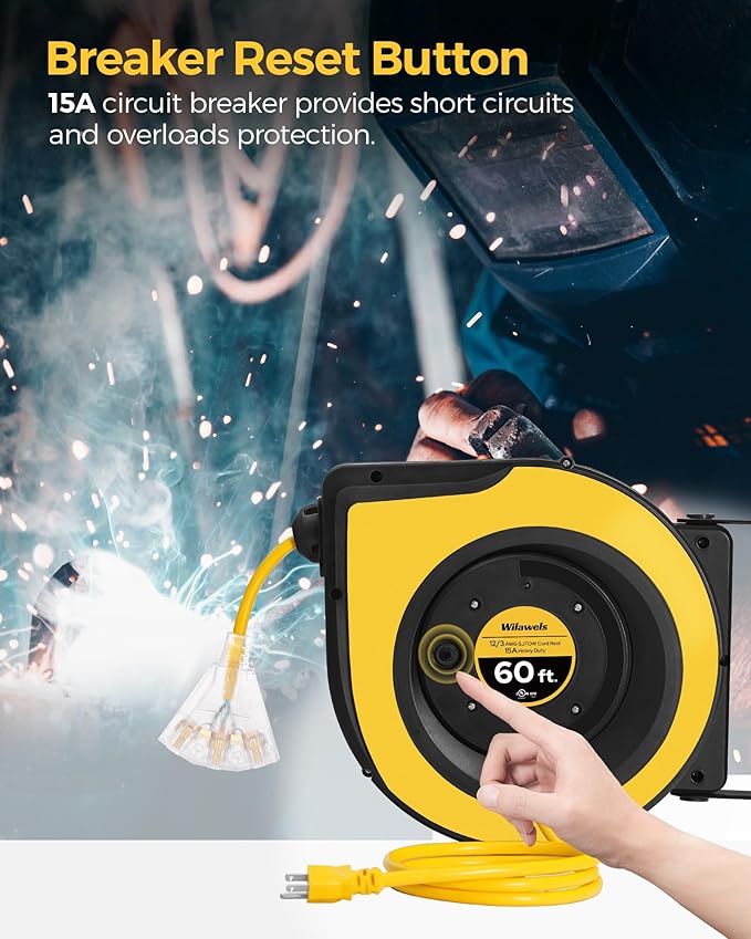Retractable Cord Reel, 60 FT Heavy Duty Extension Cord, 12AWG/3C SJTOW, 3 Grounded Outlets Lighted Triple Tap, 15A Circuit Breaker, Wall/Ceiling Mounted, UL Listed, Yellow Y60CR06