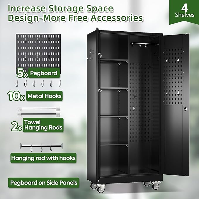 Broom Closet Storage Cabinet with Wheels and Pegboard,Metal Garage Storage Cabinet with Doors and Adjustable Shelves for Garage Home,Required Assembly,Black