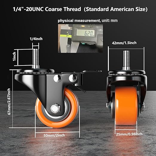 2 Inch Caster Wheels, Threaded Stem Casters Set of 4 Heavy Duty, 1/4"-20x1 (Screw Diameter 1/4", Stem Length 1"), Safety Dual Locking Industrial Castors, Wheels for Cart, Furniture