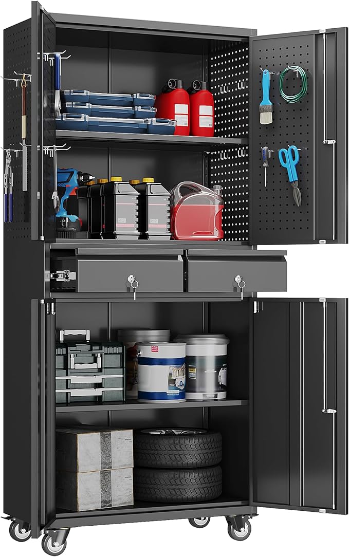Metal Garage Storage Cabinet with 2 Drawers and 2 Adjustable Shelves, Rolling Tool Storage Cabinet with Wheels and Locking Doors for Garage, Warehouse, Black