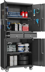 Aobabo 71" H 2 Drawer Metal Storage Cabinet with Wheels and 4 Pegboards,Lockable Steel Garage Storage Cabinet with 2 Adjustable Shelves,Black,Assembly Required