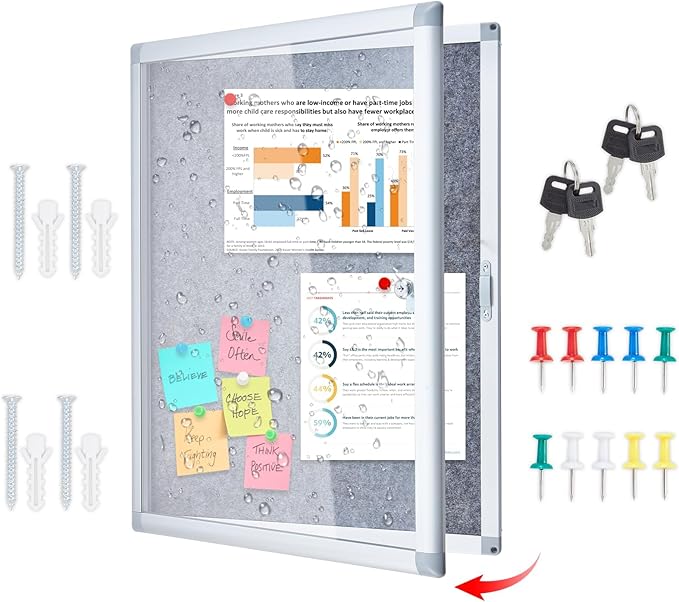 Enclosed Bulletin Board 20x26 Inch Outdoor Notice Board Tamper-Proof Flannel Lockable Display Cases with Aluminum Frame, All Weather Pinboard for Hospital, Restaurant Kitchen, Office
