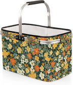 Collapsible Picnic Basket with Handle, Shopping Basket Aluminum Frame, Grocery Basket Tote for Women, Farmers Market Basket, Harvest Baskets Camping Travel Portable Beach Bag (Flowers Green)