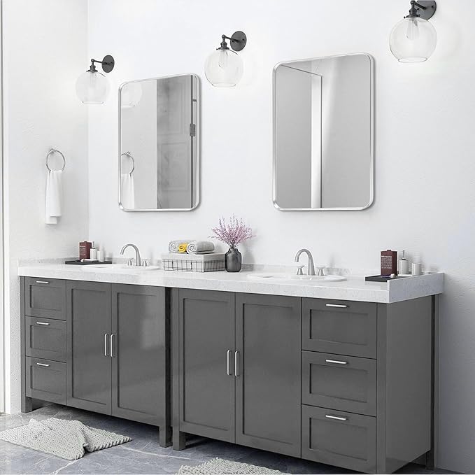 Silver Framed Bathroom Mirror, Brushed Nickel Rounded Corner Rectangle Wall Mirror, Tempered Glass, Shatter Proof, Anti-Rust, Hangs Horizontally or Vertically (24" x 32", Silver)