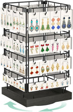 EsLuker.ly Rotating Earring Display Holder Stand for Vendors Events Selling, Large Capacity 64 Hooks Jewelry Rack with Wooden Base for Earring Card Sales, Enhances Retail Visibility