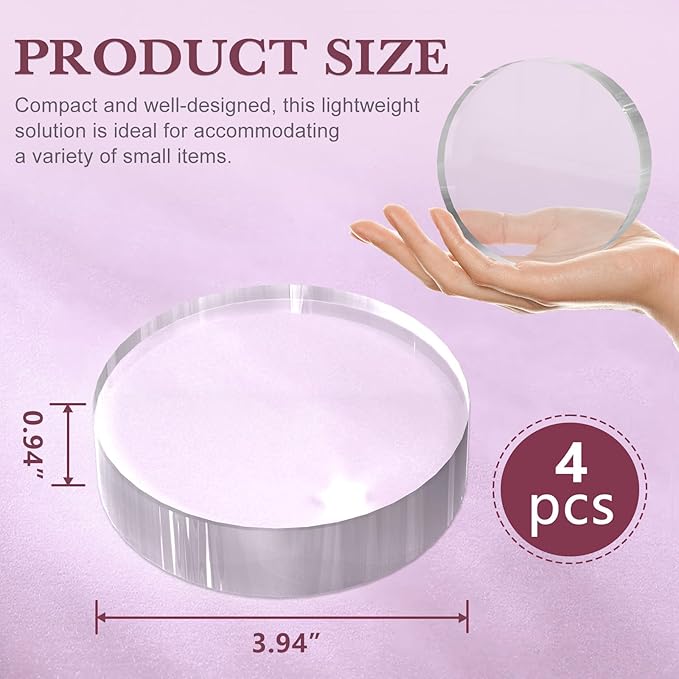 Acrylic Base Stand 4 Pieces Acrylic Blocks for Display 4 X 4 X 1 Inch Clear Polished Block Round Cube Riser Display Pedestal Stands for Jewelry Perfume Ring Collection Props Cake