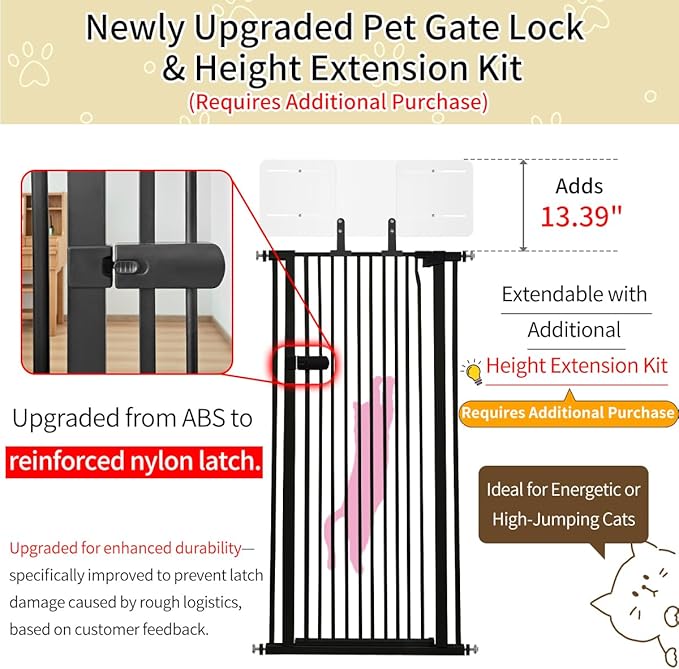 Lumizone Extra Tall Cat Gate 61.02" High Pressure Mounted Extra Wide 2025 New (17 Sizes) 1.37" Gap No Drilling Auto-Close One-Handed Operation Tall Pet Gate for Dogs(Black, 61.02" H x 42.52"-46.64" W)