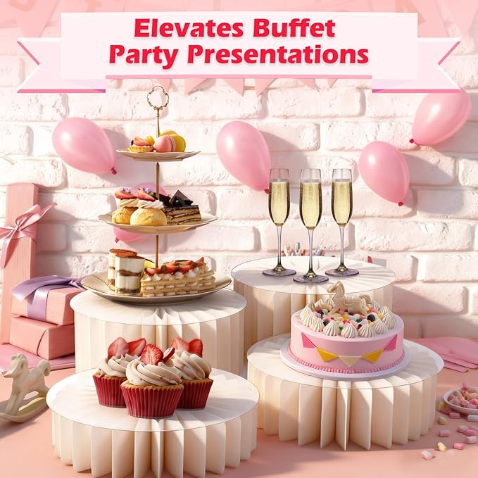 4Pcs Buffet Risers, Foldable Food Risers for Buffet Table, 12" Reusable Cardboard Display Risers Cylinder Stands with Acrylic Plates for Party, Wedding, Catering & Birthday Decor