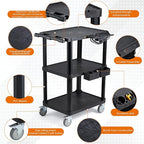 ELAFROS Heavy Duty 3-Tier AV Cart with Power Strip, 27.5 x 18.25 Inch, Industrial Plastic, 330 lbs Capacity, Flat Top Shelves with Swivel Wheels – Multipurpose Rolling cart