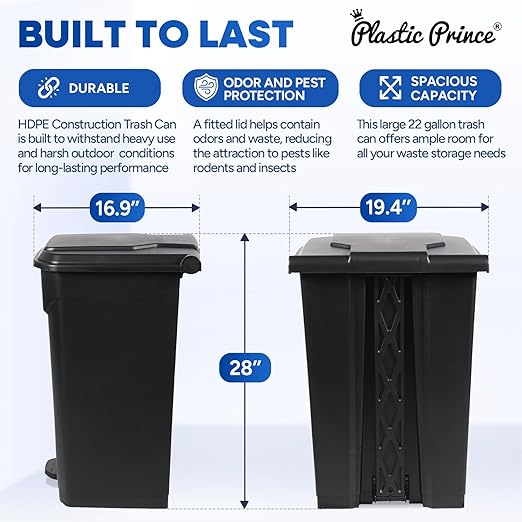 22 Gallon Step-On Trash Can/Container, Black Plastic Dustbin with Lid and Foot Pedal, Hands-Free Disposal