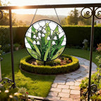 Stained Glass Window Hanging, Lily of The Valley Flower Sun Catcher Glass Panel with Metal Chain, 7.88’’ Indoor/Outdoor Art Decor for Home Garden, Birthday, Christmas