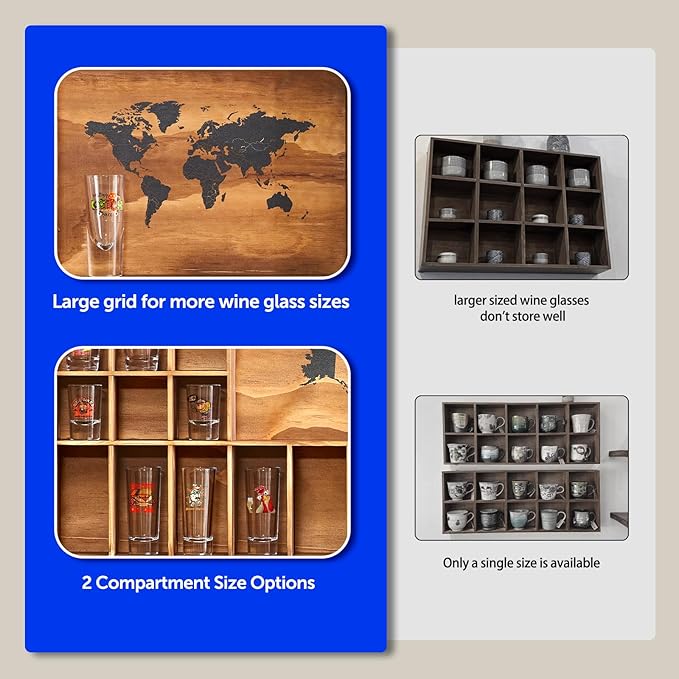 Large World Map Shot Glass Display Case 60 Slots 34 X 26''Rustic Brown Wood Holder for 2 Different Size Shot Glass In Living Rooms Bars Wine Cellars Used for Jewelry Stones & Shell