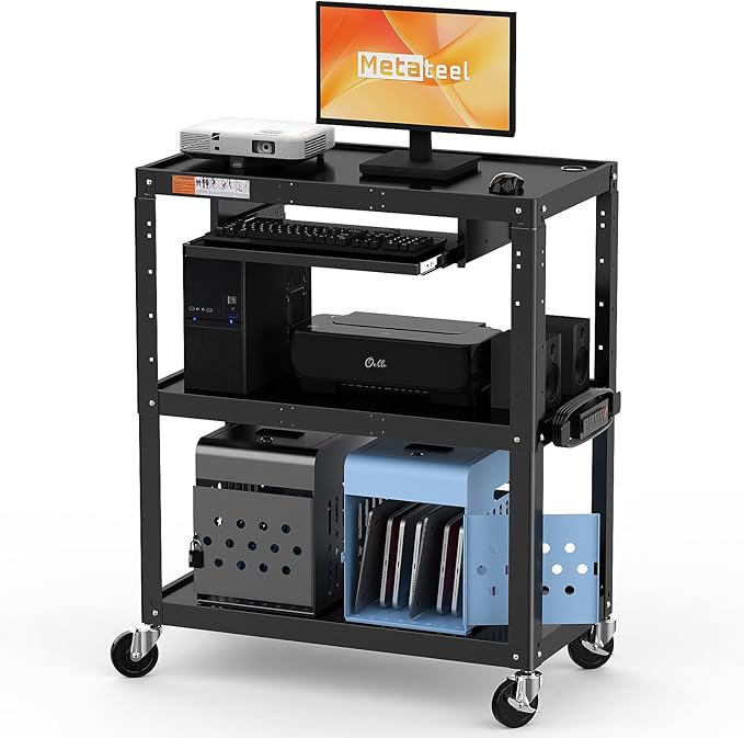 Extra-Large 3-Tier Utility Cart with Built-in Power Strip – Heavy-Duty 14-Gauge Steel Rolling Cart for Office, Workshop, or Classroom – 300 Lb Capacity (34" x 18" x 41.75")